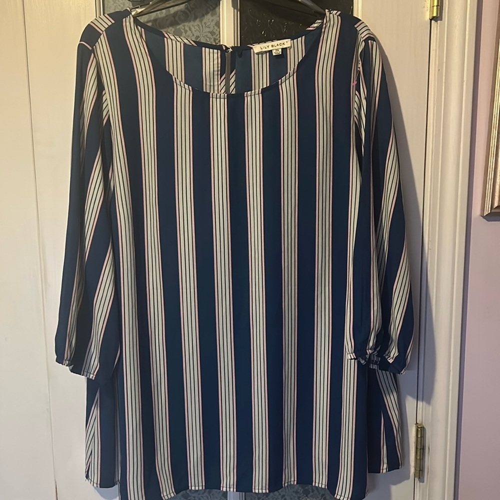 Womens blouse blue pink white stripes 2x
